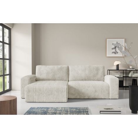 Tendencio – Canapé d'angle convertible 4 places en velours côtelé beige – Coffre de rangement – Angle réversible – Couchage 132 x 210 cm (1/2)
