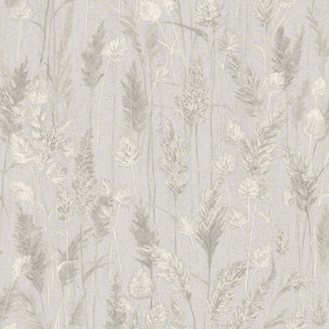 Vinyl Neutral Meadow Grasses Silver Wallpaper Botanical Leaf Trail Decor (1/4)
