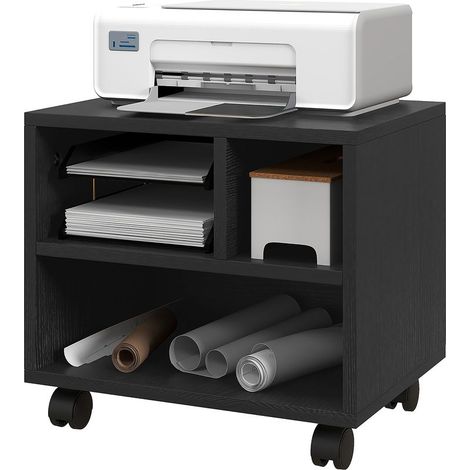 Support d\'imprimante meuble de rangement bureau caisson 3 compartiments ouverts 40 x 30 x 36 cm noir (1/5)