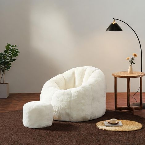 Fauteuil poire fleur en tissu peluche blanc cassé avec pouf (1/5)