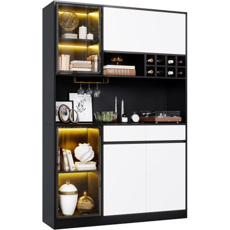 Mobile alto multifunzione con illuminazione a LED, vetrina, credenza, mobile contenitore con ante e cassetti, mobile moderno per soggiorno, cucina, sala da pranzo e ufficio. (1/5)