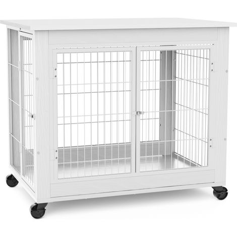 Caisse pour chien en bois style meuble avec toit rabattable et roulettes, 80 x 56 x 69,5 cm, blanche (1/5)