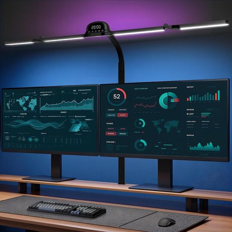 Lampe de bureau LED avec RGB - lampe pour écran 120 cm avec pince, réglable en luminosité, lampe lumière du jour avec détecteur de mouvement, horloge, pour le bureau, la lecture (1/5)