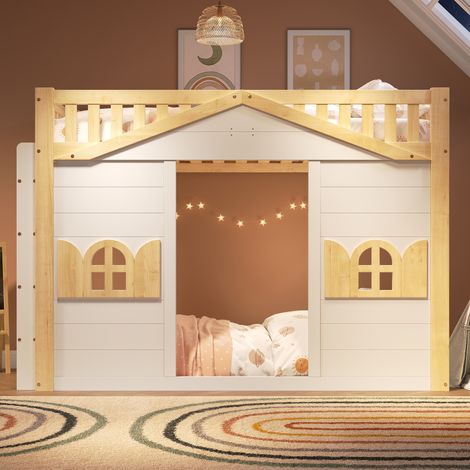Etagenbett 90/200 cm blanco de pino con ventana decorativa y escalera reversible (1/5)