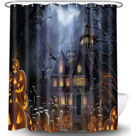 Rideau de salle de bain Halloween 150 x 180 cm – Avec crochets – Motif maison hantée, citrouilles maléfiques et pierres tombales – Décoration Halloween (1/5)