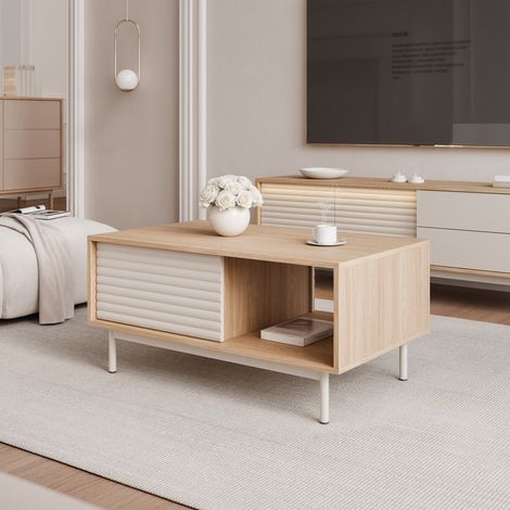 Table Basse LUSSO - porte et étagère - 100x60x47 cm - Chêne/Cachemire (1/5)