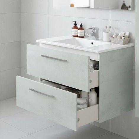 Mobile Mobiletto Bagno Sospeso Con 2 Cassettoni Soft Close Con Lavandino Lavabo In Ceramica Specchio E Led Da 30 Cm Design Moderno Nordico 57 x 80 x 45 Cm Colore Cemento Laccato - Set: Mobile Lavabo S