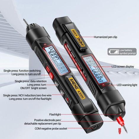 GARRYFIZH Multimètre numérique stylo ANENG A3006, 4000 points, testeur de tension AC/DC, détecteur de ligne zéro, test de résistance, de capacité et de diodes, outil électrique (1/5)
