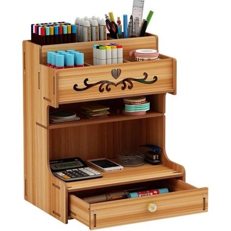 Organiseur de bureau en bois avec tiroir - Grande capacité - Boîte de rangement de bureau pour maison, le bureau et l'école (Cerise) (1/4)