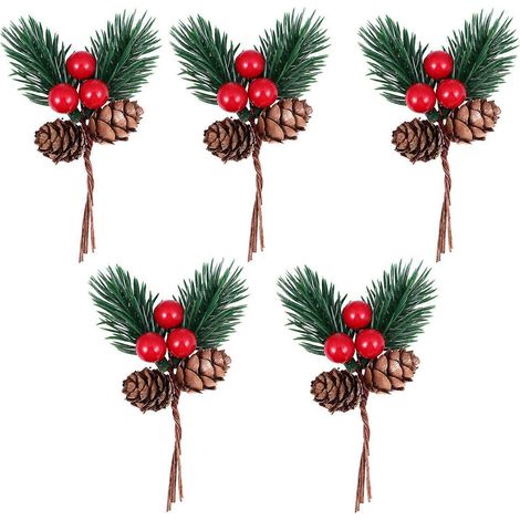 Lot de 5 pics à sapin créatifs, décorations originales de Noël en forme de pommes de pin et de baies.-10x5x3cm