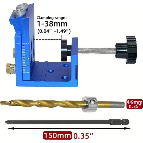 Kit di utensili per fori obliqui regolabili per la lavorazione del legno, dima per fori tascabili rimovibile blu, con 1 punta da trapano da 9 mm, per la lavorazione del legno e la fabbricazione di mob (1/4)