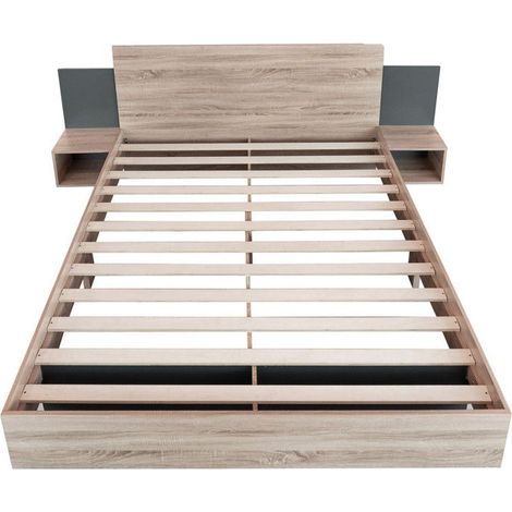Lit double en bois - 160x200 cm - Chêne sonoma - Gris foncé - Tables de nuit intégrées (1/5)