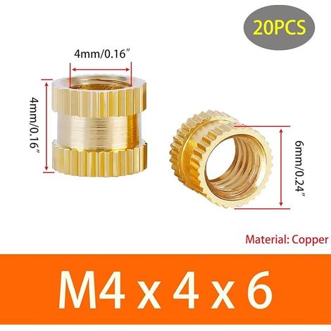 20 Pièces Inserts Filetés en Laiton, M4x4x6mm Écrous Moletés Femelles, Insert Fileté pour Impression 3D