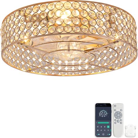 19-Zoll-Einbau-Ventilatorleuchte mit goldenen Kristallen, ABS-Flügel, doppelte Steuerung über App und Fernbedienung,6 speed settings, reversible, designed for low-ceiling spaces (1/5)