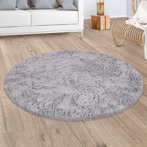 Paco Home Hochflor Teppich Wohnzimmer Fellteppich Kunstfell Shaggy Flauschig Grau Silber 120 cm Rund