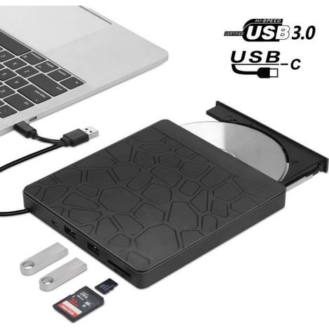 Lecteur Graveur DVD CD Externe Super Rapide USB 3.0 de TypeC avec Lecteur de Carte SD TF et Port clé USB, Win 11 PC, Mac - KENUOS (1/4)