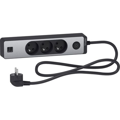 Odace - Rallonge multiprises 3 prises 2P+T - anthracite/aluminium - 2USB - 1,5m (ST933U1BA)