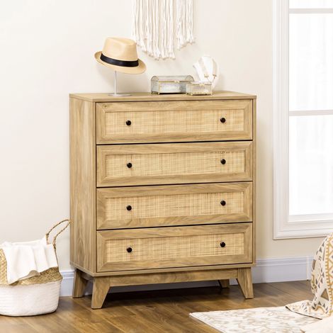Commode à 4 tiroirs, en bois avec façades en rotin, style Cannage, pour chambre, 80 x 35 x 95 cm, naturel (1/5)