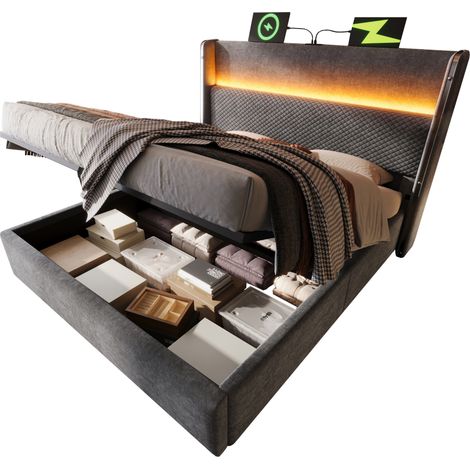 Lit coffre 140x200 cm avec tête de lit haute, LED, USB et USB-C, grand rangement hydraulique, structure bois et métal, gris, sans matelas, pour chambre moderne  CHICFURN (1/5)