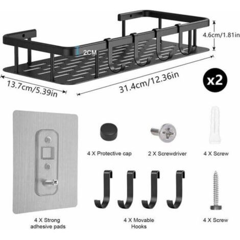Étagère de douche sans perçage en aluminium anodisé, charge 20 kg avec 4 crochets à serviettes, compatible verre, carrelage et marbre
