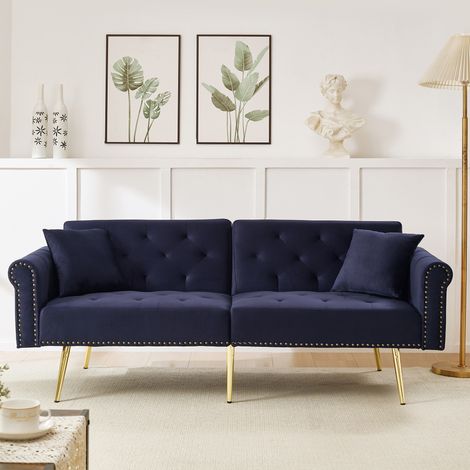 Canapé convertible 2 posti in velluto blu antico con schienali regolabili a 3 posizioni, area letto 147x85 cm