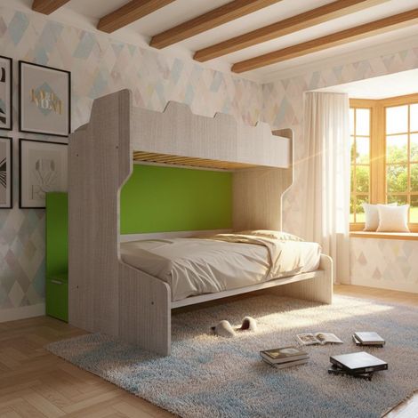Letto a castello salvaspazio con scala contenitore - 1 Piazza e mezza + singolo - Rovere rock e Verde mela