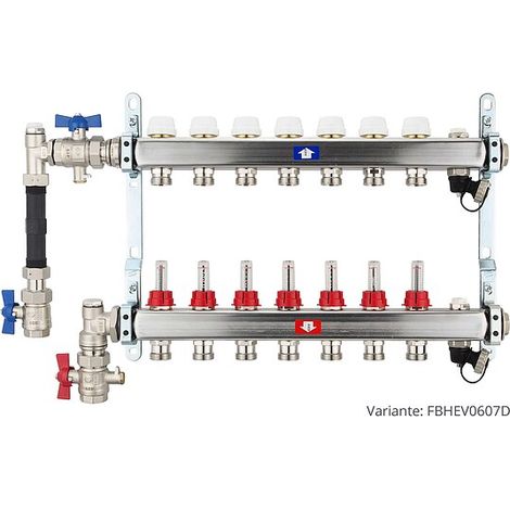 Fußbodenheizungsverteiler aus Edelstahl mit Topmeter für 7 Heizkreise - mit WMZ-Anschlussset 110 mm senkrecht (1/3)