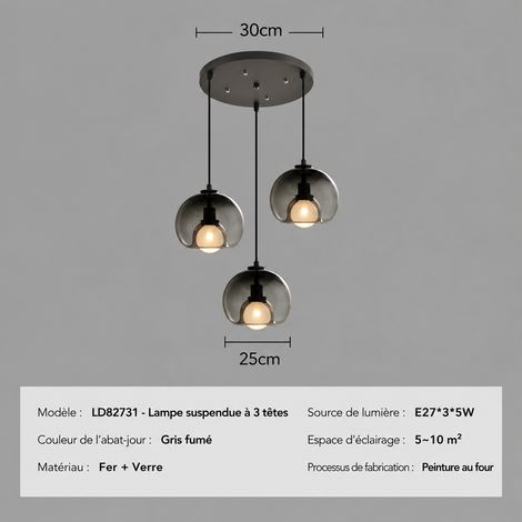 Suspension luminaire moderne 3 têtes plateau rond LED 7W lumière chaude en fer et verre 3 réf 0439 3 kg – Livraison gratuite
