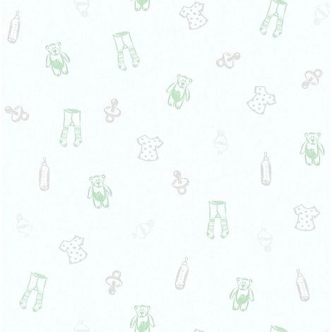 Papier peint intissé lavable chambre enfant | Papier peint blanc à motif rose & vert | Tapisserie chambre bébé motif ourson & sucette - 10,05 x 0,53 m (1/5)