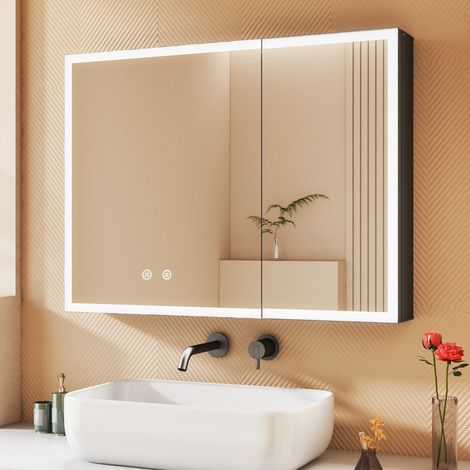 Spiegelschrank mit Beleuchtung 80x60cm Aluminium LED Spiegelschrank Bad mit Beleuchtung Badezimmerschrank, Badschrank Hängeschränke Spiegel Kabinett mit 3-Farben Dimmbar, Beschlagfrei