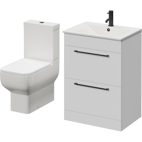 Napoli 460 Gloss White 600mm 2 Drawer Vanity Unit and Tacoma Comfort Height Toilet Suite with Angel Basin - 600mm - Matt Black 320mm Handle