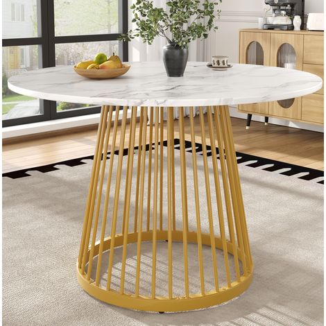 Tavolo da pranzo rotondo 80/80/76 cm bianco e oro in MDF e metallo (1/5)