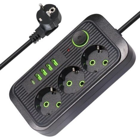 3-fach Steckdosenleiste mit Schalter, 4 USB-A-Anschlüsse und 1 USB-C-Anschluss, Überspannungsschutz, 2 m Kabel, 10 A 2500 W, für Zuhause und Büro (Schwarz)