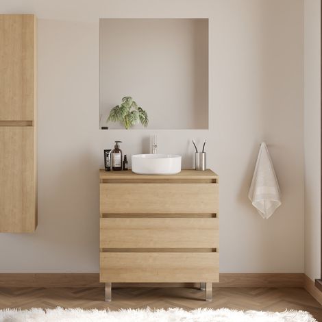 Meuble de salle de bain 80cm avec plateau et vasque à poser ronde - 3 tiroirs - nebraska (chêne clair) - MAYOR