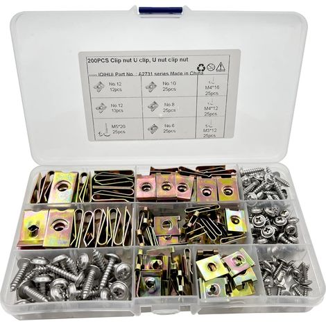 Lot de 200 Assortiment de vis et d'écrous cage pour garde-boue de voiture, Carénage Spire Vitesse Clips Pince Fixation Vis Écrous Kits, boulon de fixation de type U (Nr.6/8/10/12) (1/5)