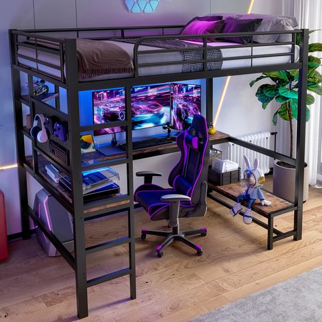 DESVIAE Lit mezzanine 90 x 200 cm en métal avec bureau étagères panneau perforé garde corps échelle prise USB Type C bande LED noir (1/5)