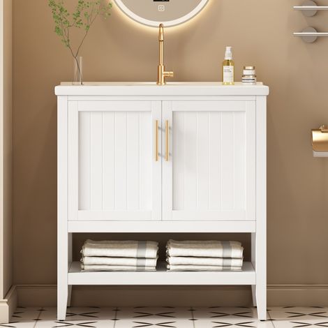 Meuble bas de salle de bain blanc 80×47×90cm, vasque céramique intégrée, meuble sous vasque design moderne (1/5)