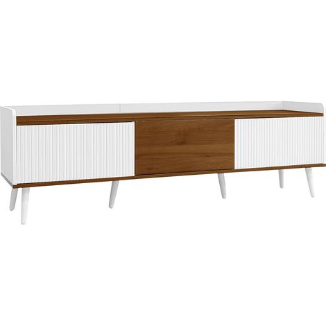 Mueble TV de 3 puertas blanco y madera 160x39x49,5 cm con patas de madera HOMVRA (1/5)