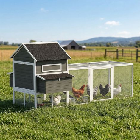Gallinero Madera Grande Exterior con 2 Nidos Corral Techo Asfáltico Bandeja Extraíble Rampa 347x160x150 cm Gris Oscuro (1/5)