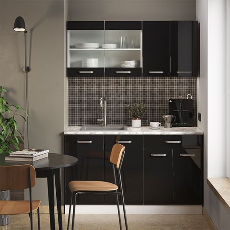 Cucina monoblocco R-Line, Nero lucido, 140 cm , PL Marmo, Vicco