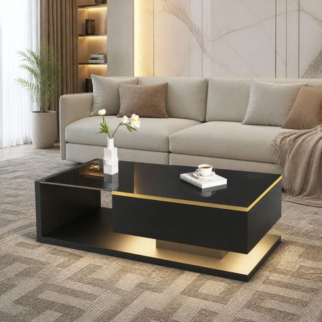 Tavolino 100x50x32,5 cm in pannelli di legno nero lucido, con vano contenitore FloraGrace (1/5)