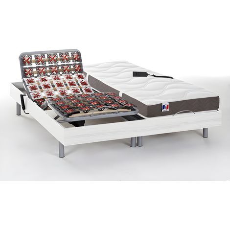 Lit électrique de relaxation tout plots + matelas 100% latex 3 zones - 2 x 80 x 200 cm - Blanc - JUPITER de YSMÉE