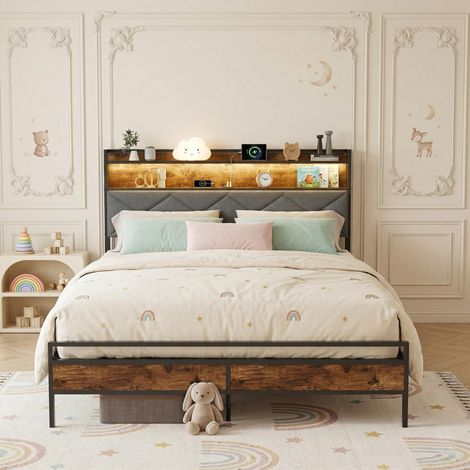 Letto matrimoniale 140x200 cm, letto doppio con LED e USB – Rete a doghe inclusa – Stile scandinavo, tessuto in lino – Nero