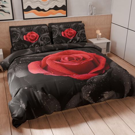 Housse de Couette 2 Places 250x200 cm 2 Taies 50x80 cm Incluses, Parure en Microfibre Imprimée Roses Noires (1/5)