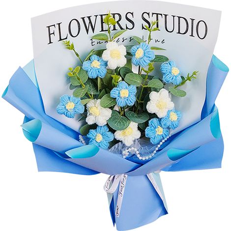 Bouquet de marguerites tricoté à la main (12 marguerites bleues, produit fini, avec sac cadeau). (1/3)