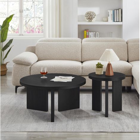 Lot de 2 tables basses rondes noires en MDF avec rainures verticales (1/5)