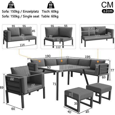 ELVMI Gartenlounge mit 3 Sofas, 1 Sessel, 2 Hockern und 1 Couchtisch, Eisen und Glas, Grau (1/4)