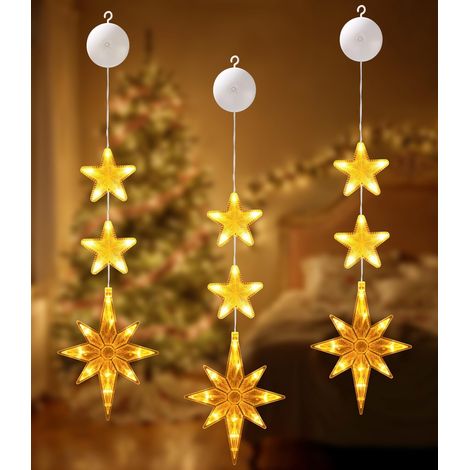 Weihnachtsbeleuchtung Fenster Innen, 3 Stück Sterne Weihnachtsbeleuchtung, Lichterkette Batteriebetriebene mit Saugnäpfe,Warmweiß Weihnachtsstern für Party Weihnachten (1/5)