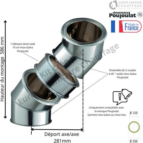 Poujoulat – Kit 2 coudes à 45° double paroi – 10 cm Inox 304 – Isolation laine de roche – Diamètre 150 mm pour systèmes de chauffage