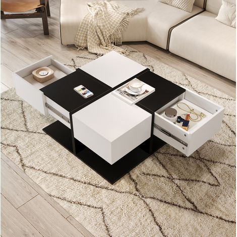 Mesa de centro 70x70x35.5 cm negro y blanco en tablero de partículas con 2 cajones (1/5)